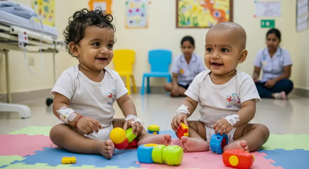 Two Indian babies playing with toys on a colorful mat in a hospital.