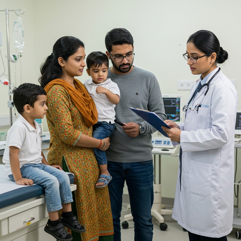 Indian family discussing medical report with a doctor in a hospital room.