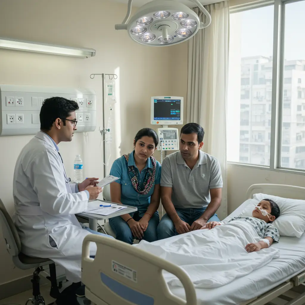 Doctor consulting parents while child patient rests in hospital bed