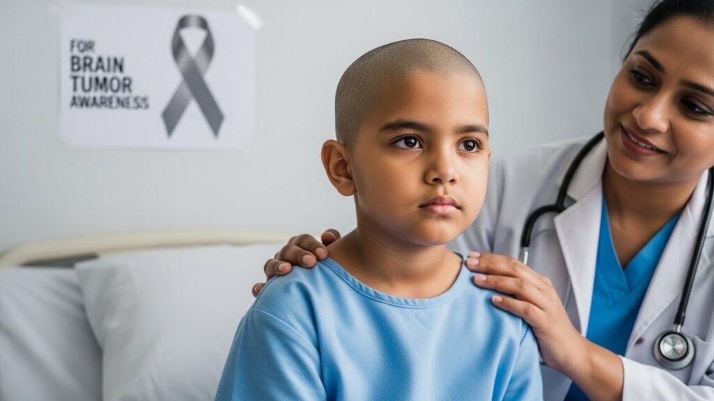 Child receiving pediatric cancer treatment in hospital oncology ward