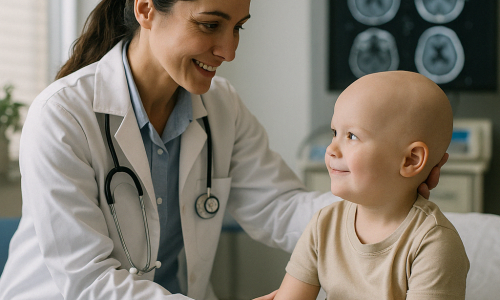 34e343bc-a62c-4af0-ab8d-6be527a2da5c Doctor comforting a smiling child during a medical consultation.
