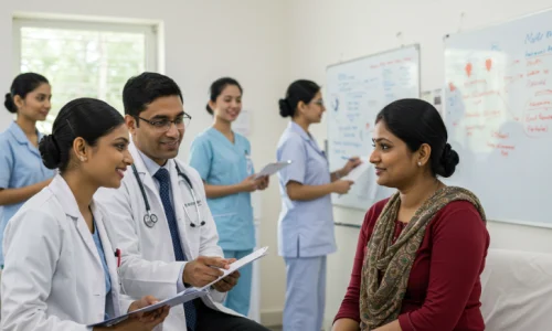 image_fx (13) Healthcare professionals consult with a patient at a clinic in Mumbai.