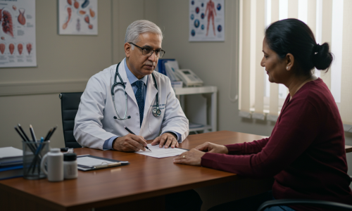image_fx (28) Doctor discussing a diagnosis with a patient in a clinical office setting.