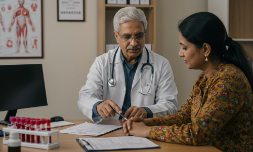 image_fx (29) Doctor consulting a woman in a medical office with anatomical charts visible.